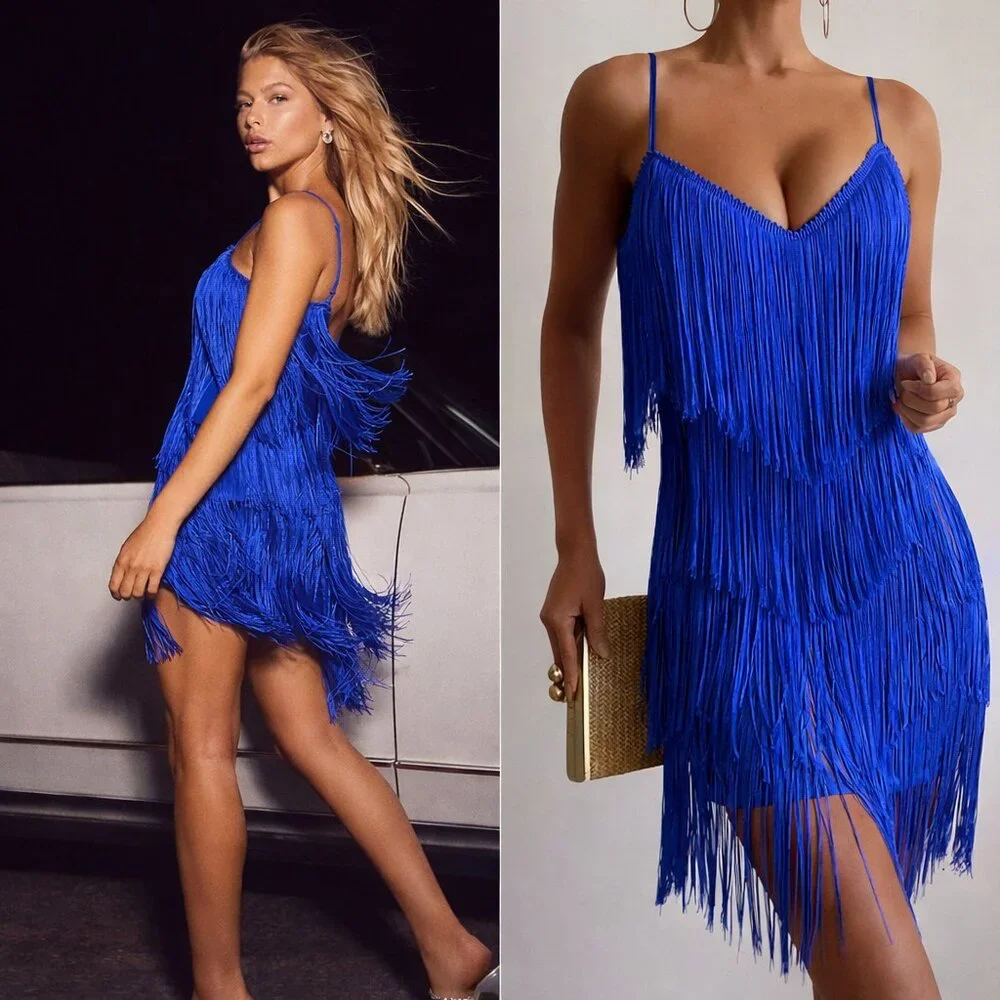 Showpo Siofra Mini Dress Blue Zig Zag Fringe Tassel Party Festival US 14 / EU 46 - Picture 16 of 16